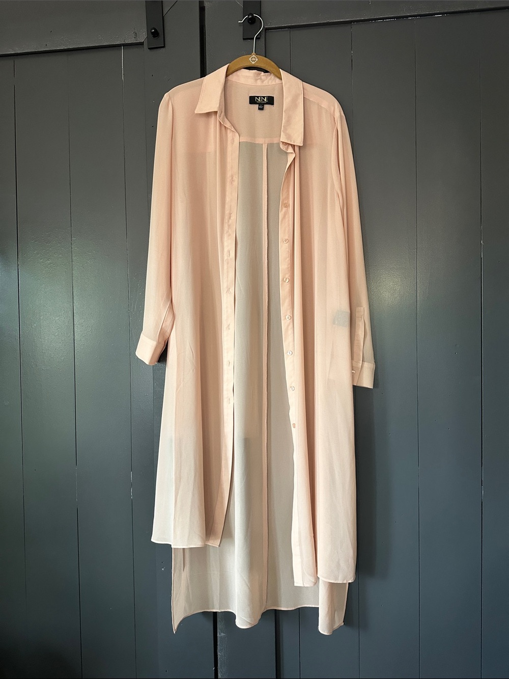 NENE LEAKES, Sheer Blush Pink Longline Button-Down Shirt/Duster